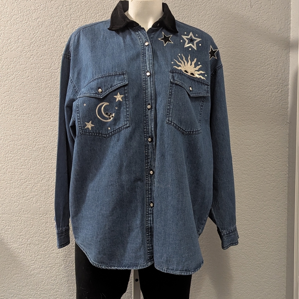 Vintage Solutions Stars Sun and Moon Denim Button Down  Shirt